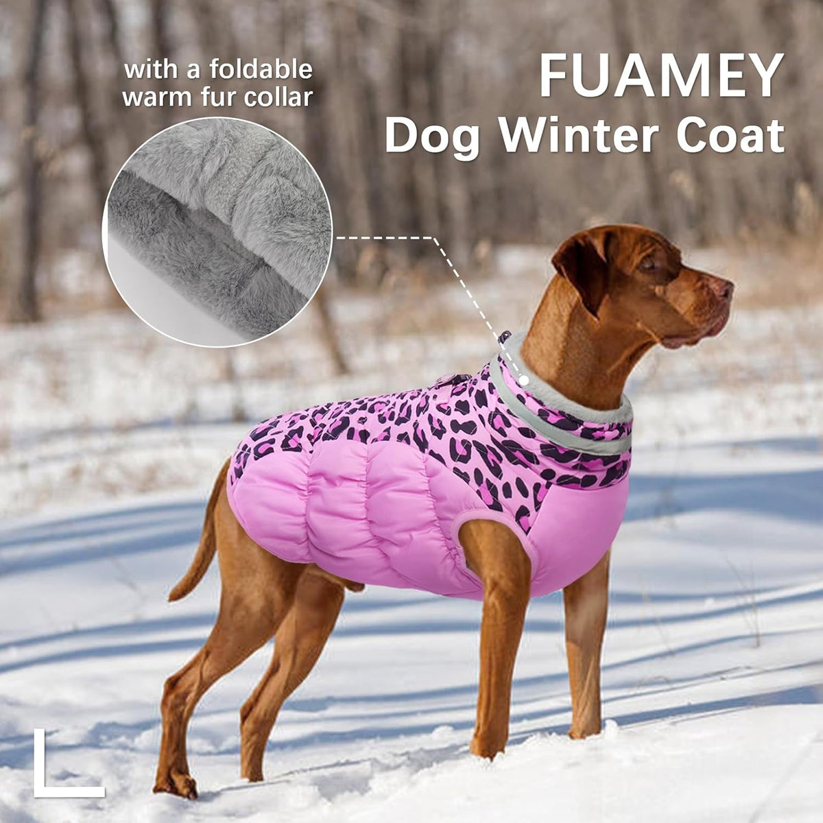 FUAMEY Dog Coat for Medium Dogs,Waterproof Dog Winter Jacket with Harness Built in Puppy Cold Weather Coats Reflective Pet Vest with Zipper Warm Fleece Dogs Snowsuit Windproof Pink Leopard M