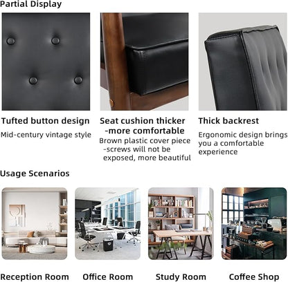 STHOUYN Mid Century Modern Chair, PU Leather Accent Chair Set of 2 with Wood Arms, Living Room Chairs, Reading Armchair for Bedroom, Waiting Room, Office (2, Black 1)