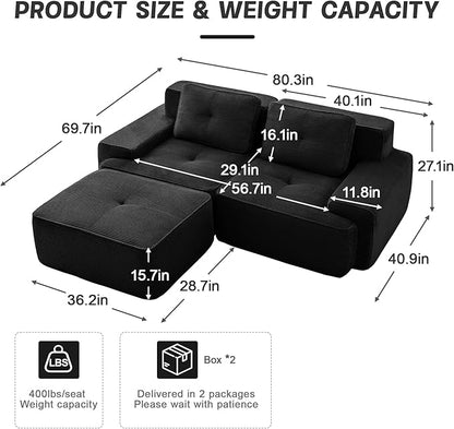 80" Modern Corduroy Boneless Love Seat Couches with 1 Ottoman, 2 Seater Large Sectional Couches for Living Room, Black Cloud Modular Sectional Sofa, Memory Foam, Extra Deep Loveseat, No Assembly