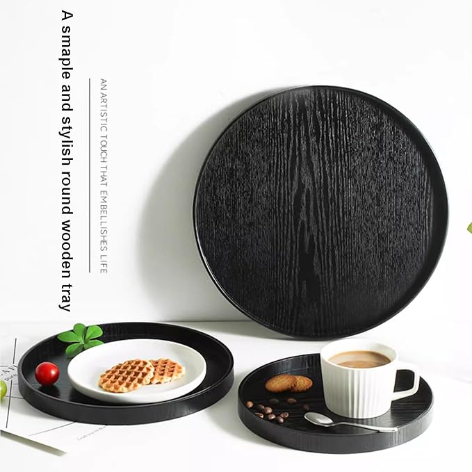 Round Wood Serving Tray, Solid Wooden Decorative Tray Non-Slip Tea Coffee Table Tray Snack Plate Food Meals Serving Tray with Raised Edges for Home Decor Kitchen Restaurant (9.5inch, Black)