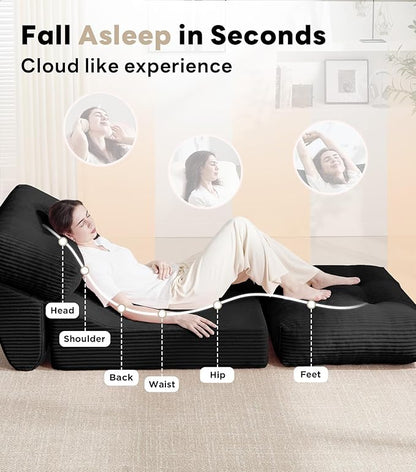 Tbfit Folding Sofa Bed, Convertible Sleeper Chair with Large Pillow, Corduroy Folding Couch Bed, Portable & Foldable Mattress Boneless Floor Sofa for Living Room, Bedroom, Office, Black, Single