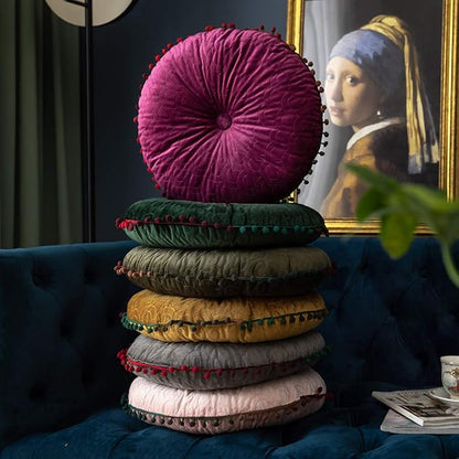 vctops Velvet Soft Round Chair Pads Cute Gradient Pom Pom Indoor Dining Chairs Cushion (Grey, Diameter 16")