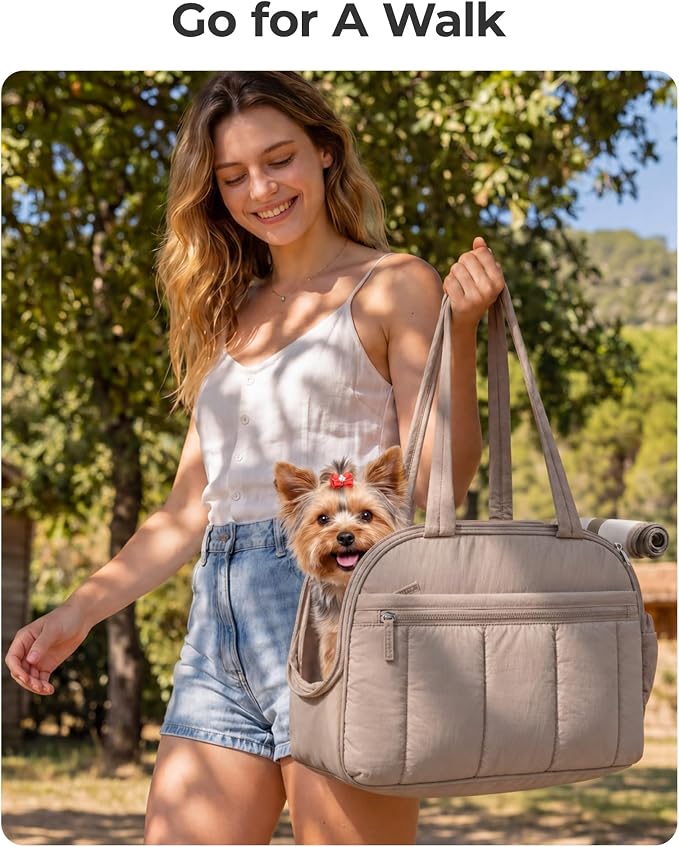 BAGSMART Dog Purse Carrier for Small Dogs Up to 13lbs Puppy Travel Tote Bag | Quilted Puffy Soft Sided Pet Handbag with Pockets, Collapsible Lightweight Portable Carrying with Safety Tether & Mat, Brown