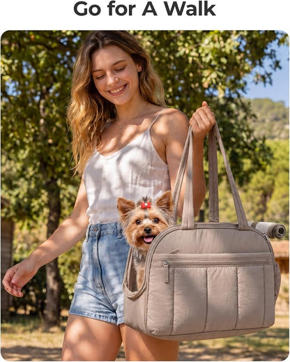 BAGSMART Dog Purse Carrier for Small Dogs Up to 13lbs Puppy Travel Tote Bag | Quilted Puffy Soft Sided Pet Handbag with Pockets, Collapsible Lightweight Portable Carrying with Safety Tether & Mat, Grey
