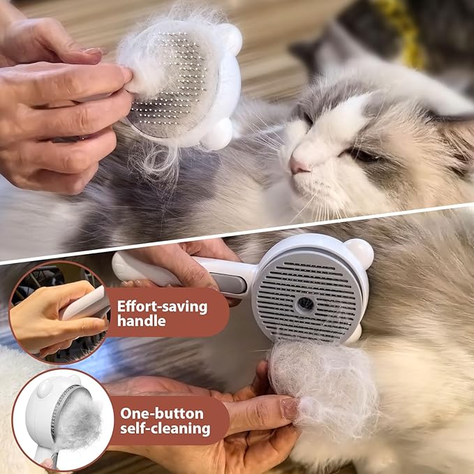 Cat Steam Brush with 2 Spray Levels & Release Button, 4-in-1 IPX7 Waterproof Water Brush for Shedding Grooming, Pet Hair Removal Comb for Long Short Haired Cats Dogs, Self Cleaning Slicker