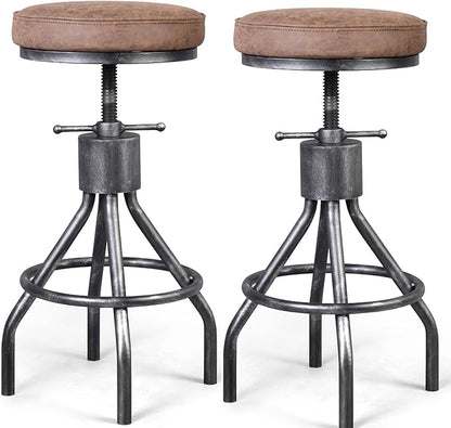 BOKKOLIK Industrial Bar Stools Swivel Pu Seat Vintage Kitchen Island Counter Stool 23-33inch Height Adjustable Rustic Shop Chair (Set of 2)