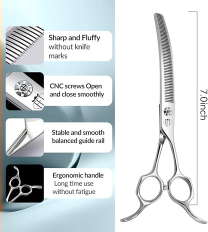 Professional Curved Thinning Scissors for Dog Grooming, 30-Degree Curvature, Japanese 440C for Trimming Dogs Cats and Other Pets face and paws (Curved Thinner)