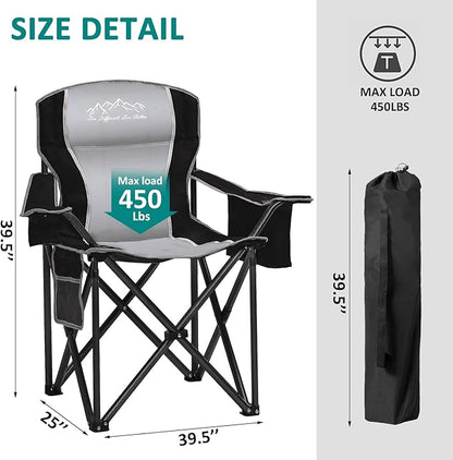 SAILARY Camping Chair Heavy Duty High Back Folding Chair with Cup Holder, 450lbs Capacity, Padded Seat, Cooler Bag & Storage Pocket, Portable for Outdoor, Beach, Fishing, Sports, Black