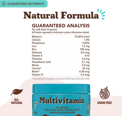Natural Dog Company 25 in 1 Multivitamin Chews (180 Pcs) Dog Vitamins & Supplements, Peanut Butter & Bacon Flavor, Dogs, Supports Immune System, Antioxidant, Vitaminas para Perros, Multi Dog Families