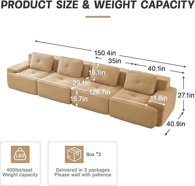 150" Modern Corduroy Cloud Sofa, Boneless Modular Large Sectional Couches for Living Room, Camel 4 Seater Compressed Memory Foam Couch, Extra Deep Seat, No Assembly