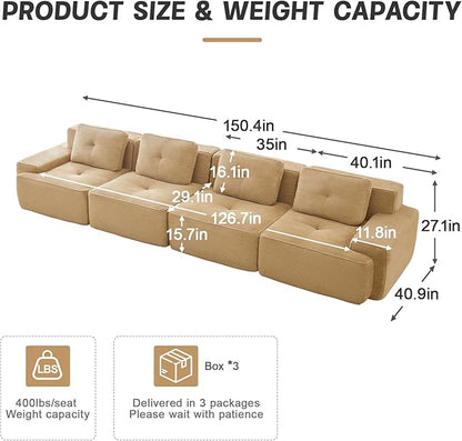 150" Modern Corduroy Cloud Sofa, Boneless Modular Large Sectional Couches for Living Room, Camel 4 Seater Compressed Memory Foam Couch, Extra Deep Seat, No Assembly