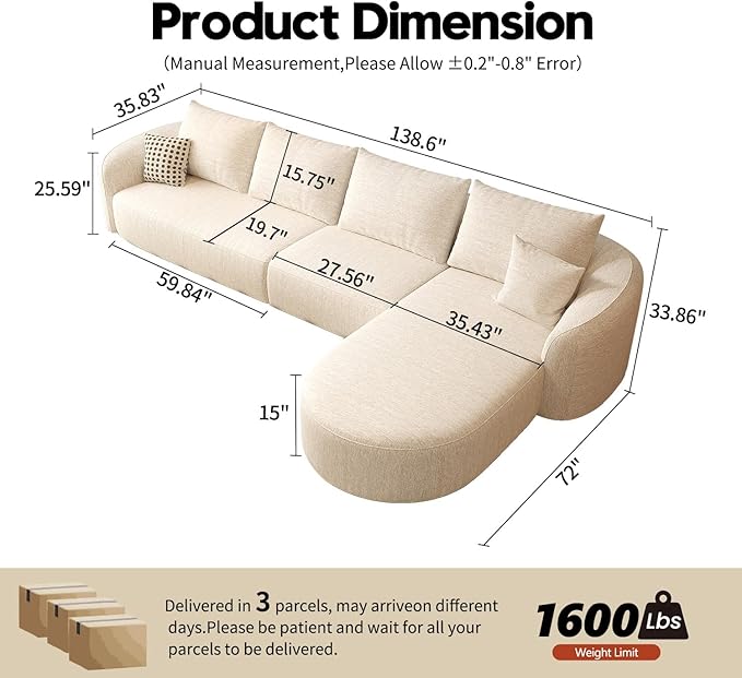 138.6" Modular Sectional Couches Luxury Modern Curved Back Sofa,Minimalist Comfy L-Shape Boneless Cloud Couch for Living Room Apartment,(Right Facing Chaise,White)