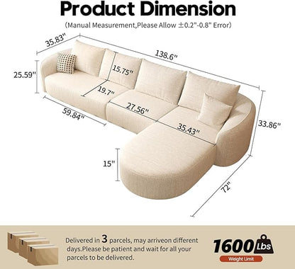 138.6" Modular Sectional Couches Luxury Modern Curved Back Sofa,Minimalist Comfy L-Shape Boneless Cloud Couch for Living Room Apartment,(Right Facing Chaise,White)