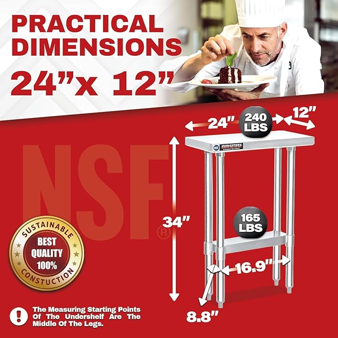 DuraSteel 24x12 Stainless Steel Work Table - NSF Commercial Prep Metal Table - Outdoor Pizza Oven Stand w/Under Shelf - Kitchen Island Laundry Utility Garage Microwave Stand Large Rolling Storage Cart