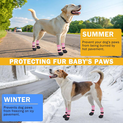 SCENEREAL Anti Slip Dog Boots & Paw Protectors for Hardwood Floor, Extended Dog Socks to Prevent Licking Paws, Waterproof Pet Snow Rain Shoe for Winter Large Senior Dogs, Pink XL