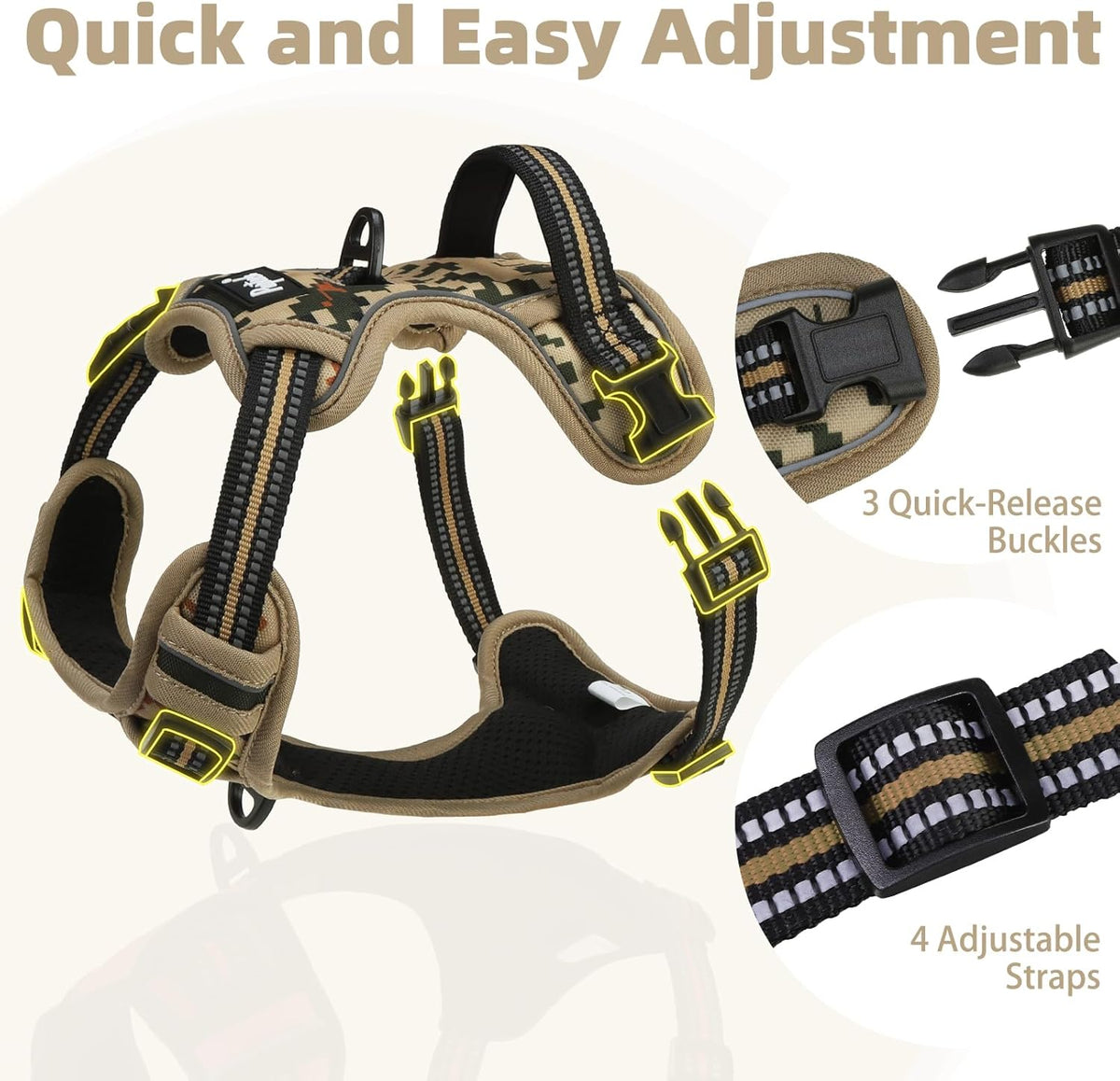 PUPTECK No Pull Dog Harness Small Sized, Adjustable Reflective Dog Harness with Handle Easy Control, Comfortable Soft Padded Pet Vest Harness for Small Dogs, Camouflage S