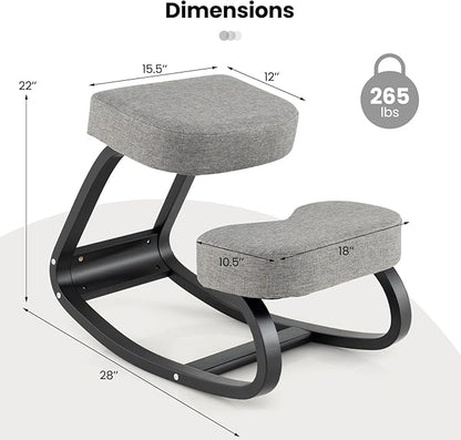 Goplus Ergonomic Kneeling Chair, Rocking Upright Posture Chair with Soft Seat & Knee Pads, Wooden Backless Knee Chair Relieves Neck Back Pain for Home Office Study, Gray and Black