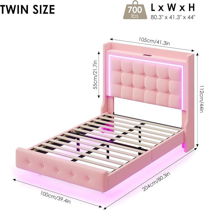 Keyluv Upholstered Twin Floating Bed Frame with RGB LED Lights and Charging Station, Velvet Platform Bed with Button Tufted Storage Headboard, Type-C & USB Charging Ports, No Box Spring Needed, Pink