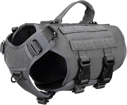 ICEFANG No Pull Tactical Dog Harness for Small Dogs,Adjustable Dog Vest | Control Handle,MOLLE Panel,Front Hook,3 Leash Clips,Soft Padded,for walking training,Grey,Small