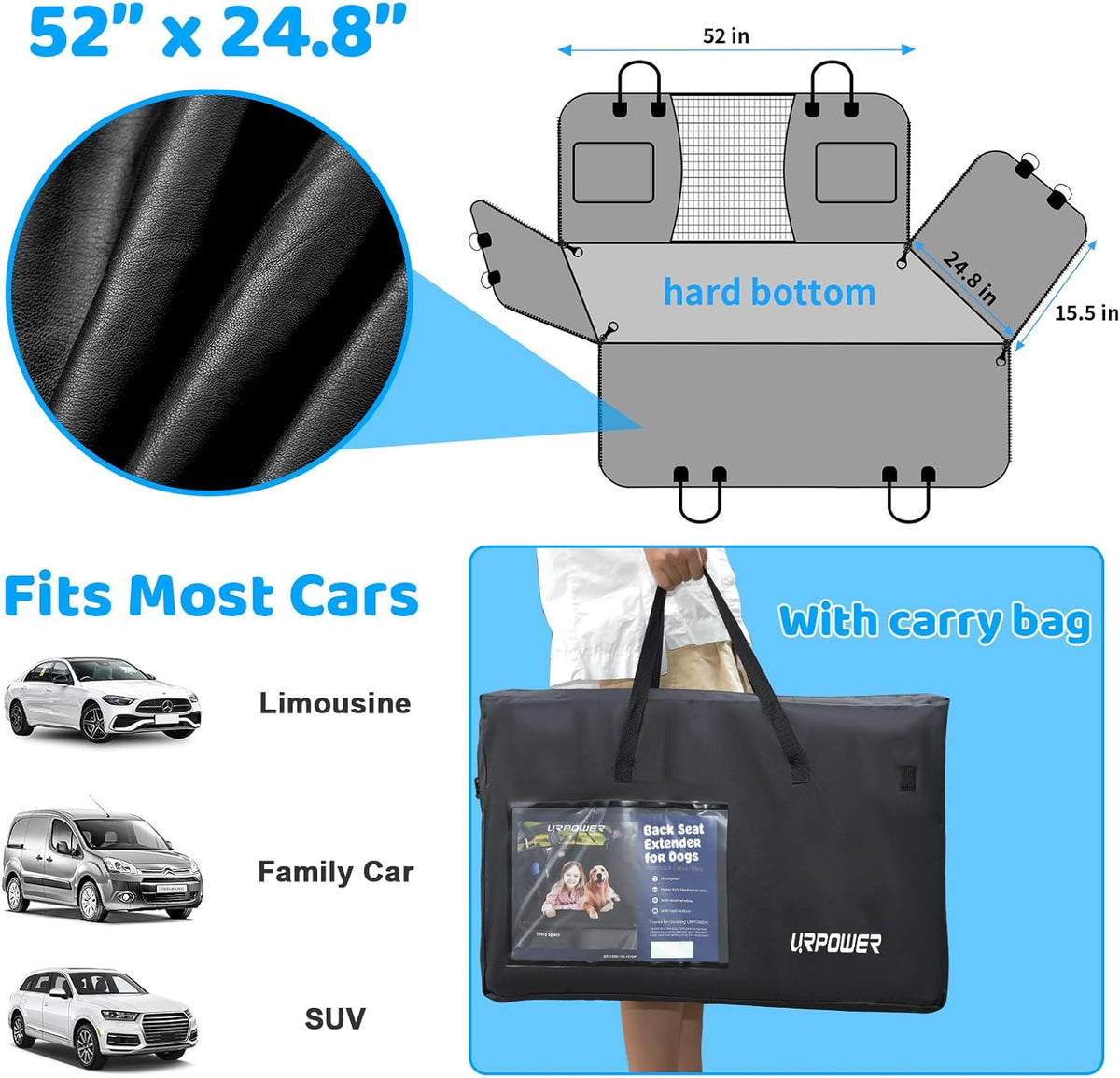 URPOWER PU Leather Back Seat Extender for Dogs – Hard Bottom Dog Car Seat Cover Holds 400 lbs, Anti-Scratch & Waterproof Dog Hammock for Cars, SUVs & Small Trucks, Dogs Car Bed Pet Backseat Protector