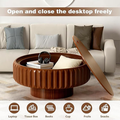 Round Drum Coffee Table White Fluted Coffee Table Circle Center Table Pedestal End Table for Apartment (Brown 39.4)