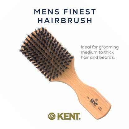 Kent OG2 Beechwood Club HairBrush, 100% Natural Boar Bristle for Mens Grooming, All Hair Types and Beard Lengths, Travel Size with Hair Brush Cleaner, Slick Back Hair brush