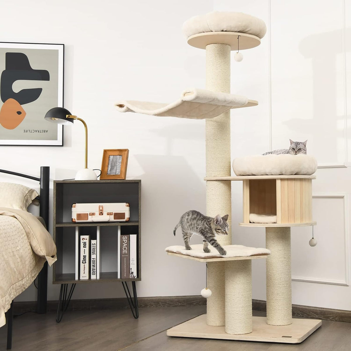 Tangkula Modern Cat Tree, Multi-Level Large Cat Tower with Condo, Hammocks & Hanging Basket, Tall Cat Tree with Sisal Posts, Washable Cushions, Wood Cat Trees and Towers for Indoor Large Cats