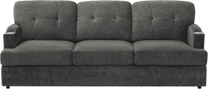 89" Chenille Modern Sofa with Cup Holder, Tufted Upholstered Couch with Thickened Cushions, Comfy 3 Seater Sofa with Deeper Seat for Living Room, Apartment, Grey