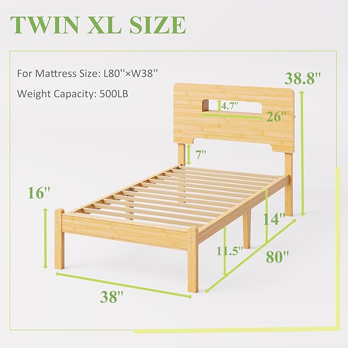 ZIYOO Solid Bamboo Wood Twin XL Bed Frame with Storage Headboard, 14 inch Platform Twin XL Bed Frames No Box Spring Needed with Steel Slats, Sturdy and Stable, Easy Assembly, Noise Free