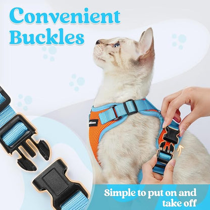 rabbitgoo Cat Harness and Leash Set, Escape Proof Soft Adjustable Vest Harnesses for Outdoor Walking, Easy Control Breathable Kitten Jacket with Reflective Strips, Orange & Light Blue, S