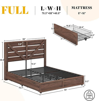 AMERLIFE Full Size Farmhouse Bed Frame with 4 Drawers, Wooden Storage Bed Frame with Headboard and Heavy Duty Metal Slats, Noisy Free, Easy Assemble, Rusric Brown