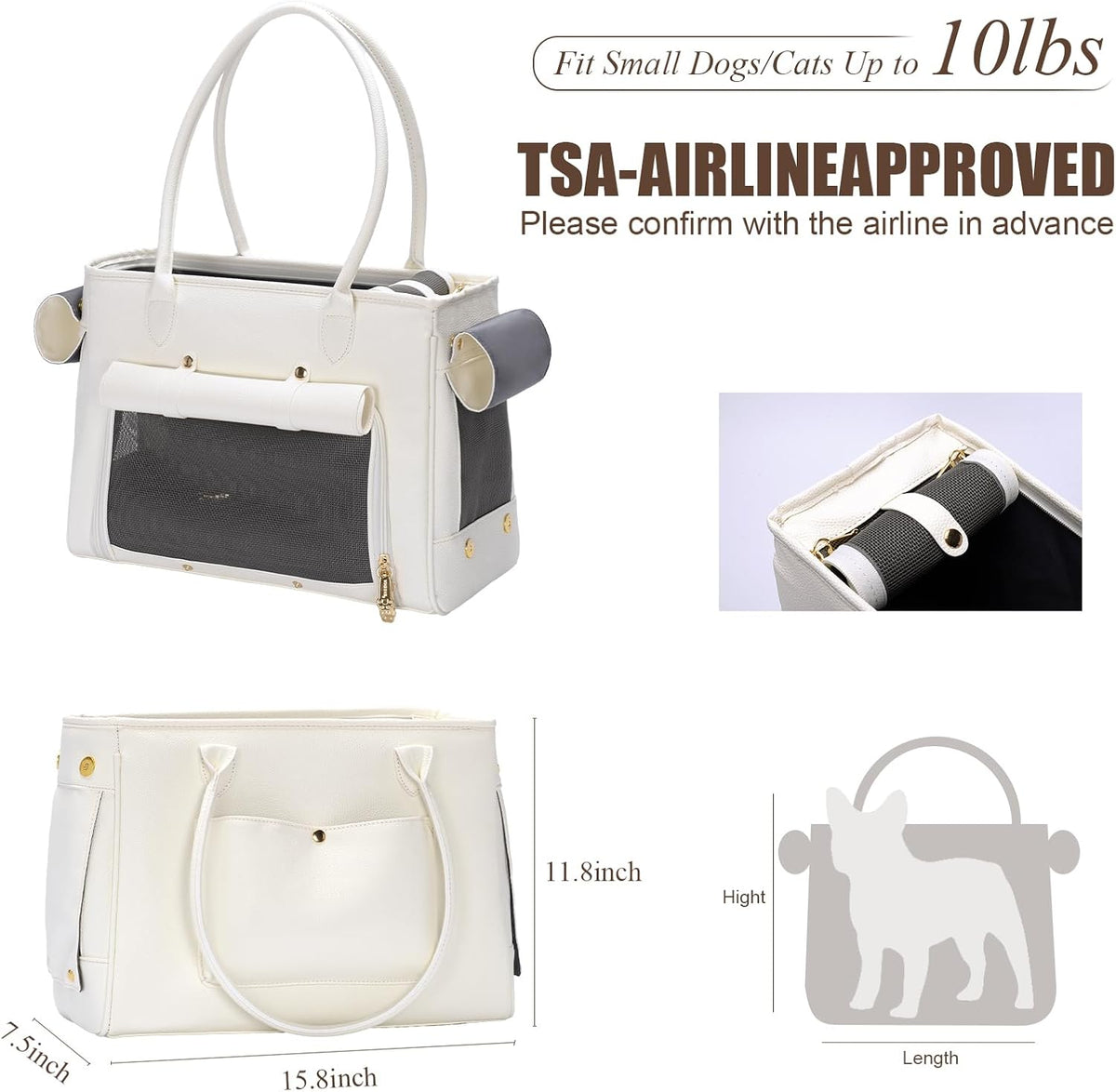 Fashion Pet Carrier Purse for Small Cat and Dog, Luxury Pu Soft-Sided Tote Bag with Large Pockets for Dogs and Puppies (White, 15.8" L x 7.5" W x 11.8" H)
