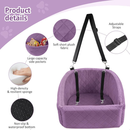 Dog Car Seat for Small Medium Dogs,Detachable Washable Dog Booster Seat Under 30lbs, Pet Car Seats Travel Bed with Storage Pockets and Safety Belt (Purple)