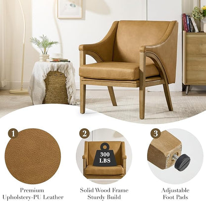 CIMOTA Mid Century Modern Accent Chair with Barrel Back, Upholstered Armchair Comfy Reading Chair with 4" Thick Cushion, Solid Wood Legs for Living Room/Bedroom/Reading Corner, PU Fabric, Brown