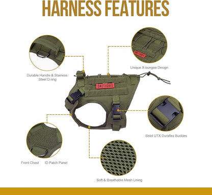 OneTigris Tactical Dog Harness Vest No-Pull Service Dog Vest for Large Dogs | 1000D Pullable Nylon, with Control Handle and Hook & Loop Panels, Easy On & Off, Adjustable for Walking Training Green XL