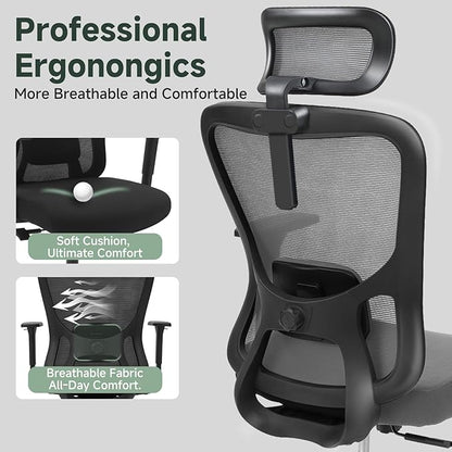 ZYFFHYLAI Ergonomic Office Chair - 350LB Mesh Office Chair with Adjustable Lumbar, High Back Computer Desk Chair with 3D Armrest, Comfy Chair with 2D Headrest & Tilt Function for Study, Work, Gaming