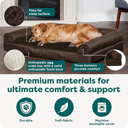 Furhaven Orthopedic Dog Bed for Large Dogs w/ Removable Bolsters & Washable Cover, For Dogs Up to 95 lbs - Plush & Suede Sofa - Espresso, Jumbo/XL