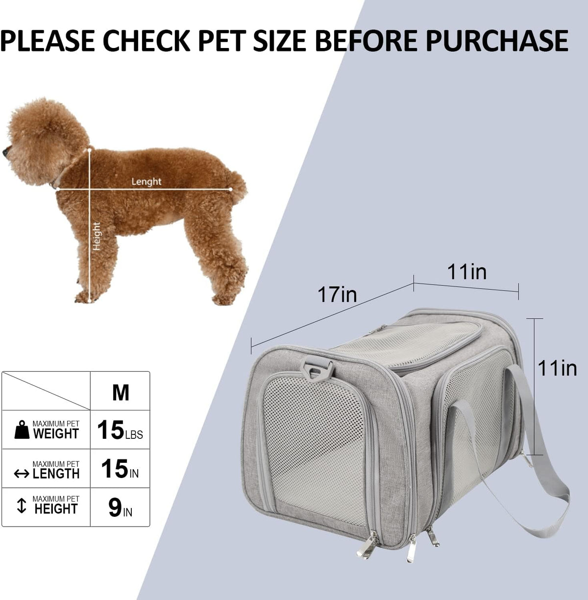 Cat Carriers Dog Carrier Pet Carrier For Small / Medium Cats Dogs Puppies (Up To 15lbs), TSA Airline Approved Small Dog Carrier Soft Sided, Collapsible Waterproof Travel Puppy Carrier - Grey