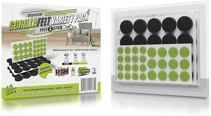 Slipstick Gorilla Felt ¾ Inch Furniture Pads (68 Pcs) Premium Furniture Pads & Chair Leg Floor Protectors for Hardwood Floors & Hard Surfaces