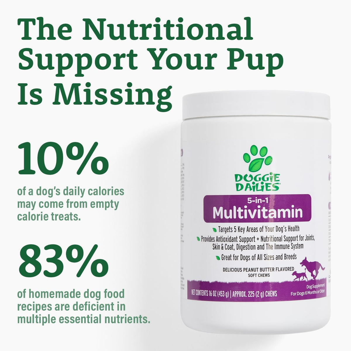 Doggie Dailies 5 in 1 Multivitamin for Dogs, Dog Multivitamin for Skin and Coat Health, Joint Health, Improved Digestion, Antioxidants, Support a Healthy Immune System (Peanut Butter) 225 Soft Chews
