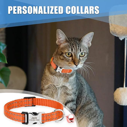 Personalized Reflective Nylon Cat Collar with Name Tag - Custom Engraved Buckle Kitten Collars for Girl Boy Cats - Adjustable from 7.5'' to 12.0'' - Includes Bell and ID Tag