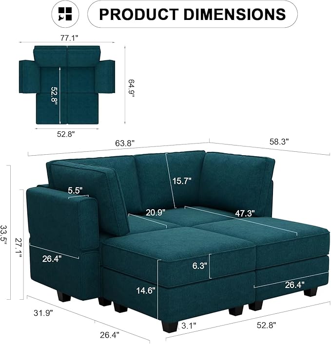 Bellfin Modular Sectional Sleeper Sofa Convertible Sofas with Storage Ottomans Small Sectional Couches for Living Room. Peacock Blue Couch