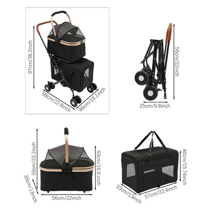 Foldable Pet Stroller for Small & Medium Dogs, Double Dog & Cat Stroller with 3-in-1 Travel System, Detachable Pet Carrier with Wheels for Cats and Dogs up to 77 lbs, Black