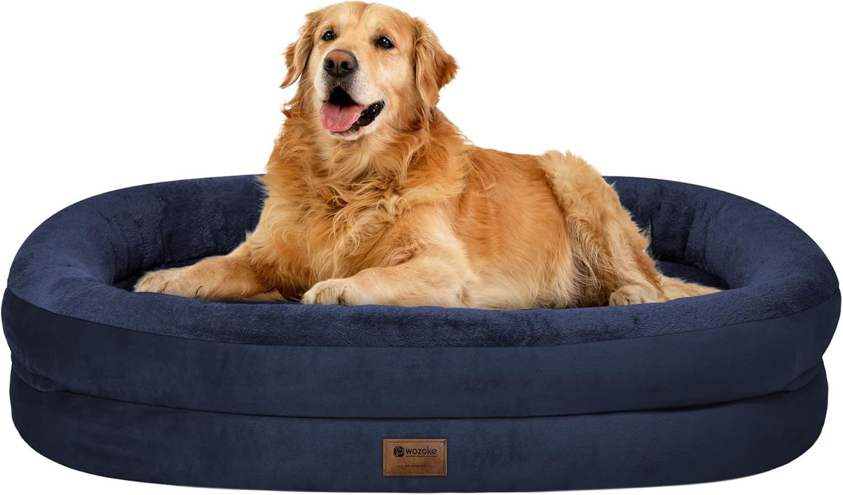 Orthopedic Waterproof Large Dog Bed: Memory Foam Washable Dog Bed with Bolsters - XL Removable Washable Cover for Medium Large Sized Pet - Non-Slip Bottom - Navy