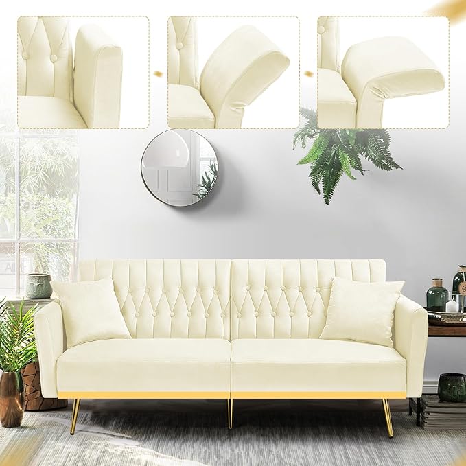70” Velvet Futon Sofa Bed with 2 Pillows and Adjustable Armrests, Convertible Sleeper Bed W/Adjustable Backrests, Modern Loveseat for Living Room, Bedroom, Beige