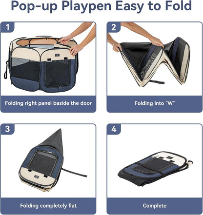 A 4 Pet Portable Dog Playpen, 49” Playpen for Dogs with Bowl, Suitable for Puppies, Kittens, and Small Animals, Removable Zipper & Mesh Panel(19”W × 12”H)