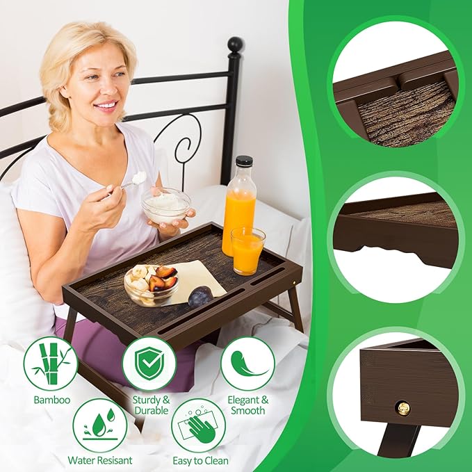 2 Pack Bamboo Breakfast Tray with Foldable Legs & Detachable Stand | Ergonomic Handle | Portable Bed Tray for Eating, Working, Laptop, Tablet, and Phone