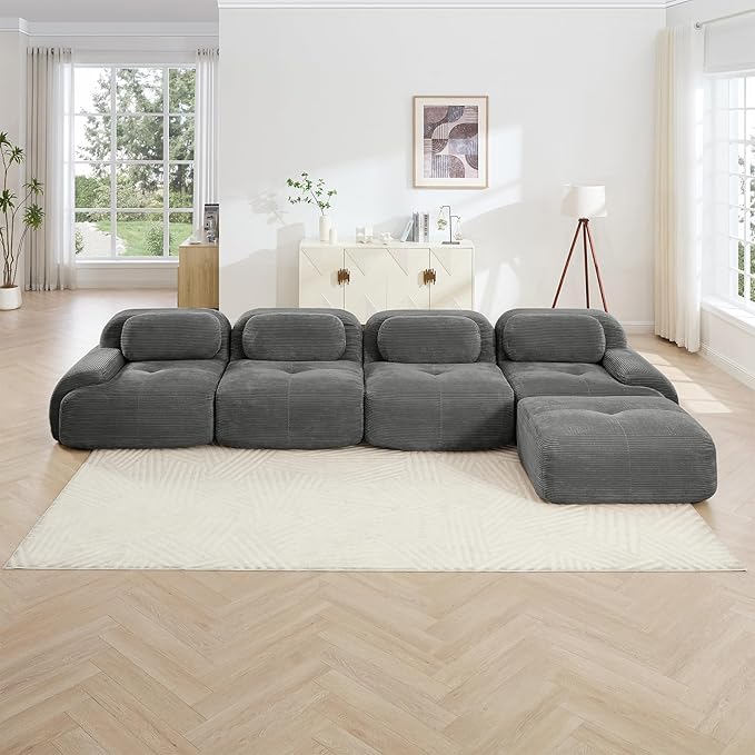 Gray Ottoman for Modular Sectional Sofa, Corduroy Deep Seat for Oversized Compressed Boneless Sectional Couches for Living Room Bedroom Apartment, Cloud Sofa Couch Set, Memory Foam, No Assembly