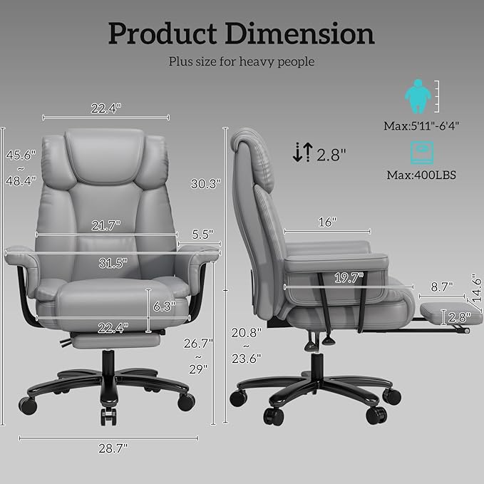 GYI Criss Cross Chair with Wheels, 160°Big and Tall Reclining Office Desk Chair with High Back, Wide Seat, Arms, Footrest, Grey