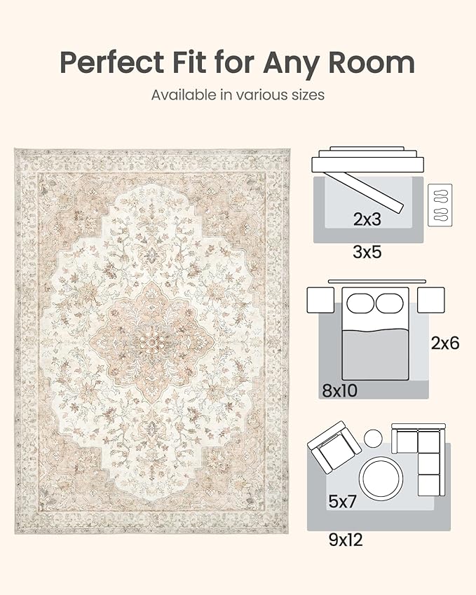 Amada 2x6 Washable Runner Rugs, Non-Slip Kitchen Runner Rug with Low Profile, Durable Bound Edge, Soft Long Vintage Rug for Living Room, Bedroom, Hallway